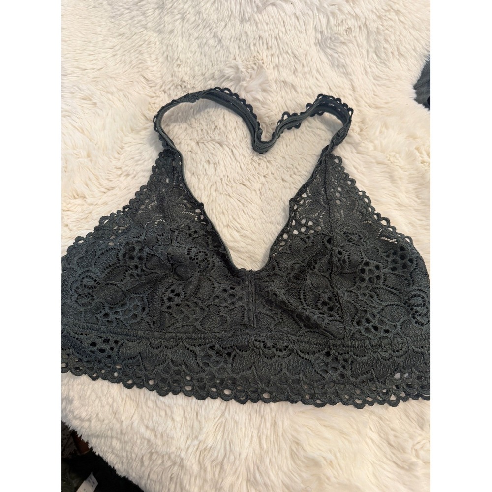Aerie Floral Lace Halter Bralette Charcoal Grey Scalloped V-Neck Large